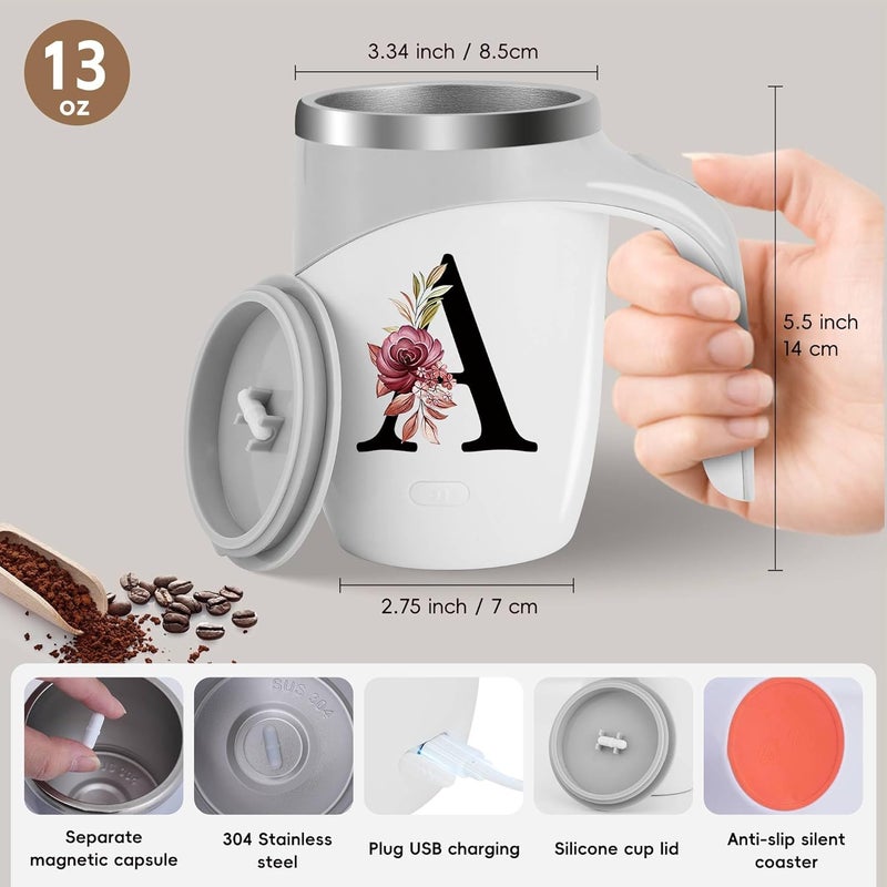MNZZ Initial Magnetic Stirring Coffee Mug Stainless Insulated Travel Cup Women Birthday Xmas Day Holiday Female Teacher Aunt Big Small Sister Law Mother Step Mother Wedding Groom Bride Officiant Gift,R - Image 4